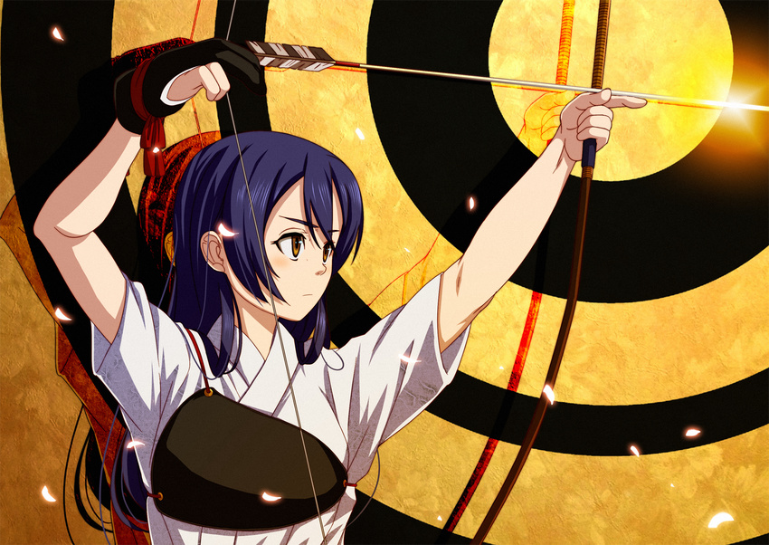 archery arrow blue_hair bow_(weapon) commentary_request drawing_bow gloves highres holding holding_bow_(weapon) holding_weapon kyuudou long_hair love_live! love_live!_school_idol_project muneate partly_fingerless_gloves petals reflection shiro_manjuu_(shiroxie) short_sleeves single_glove solo sonoda_umi target upper_body weapon yellow_eyes yugake yumi_(bow)