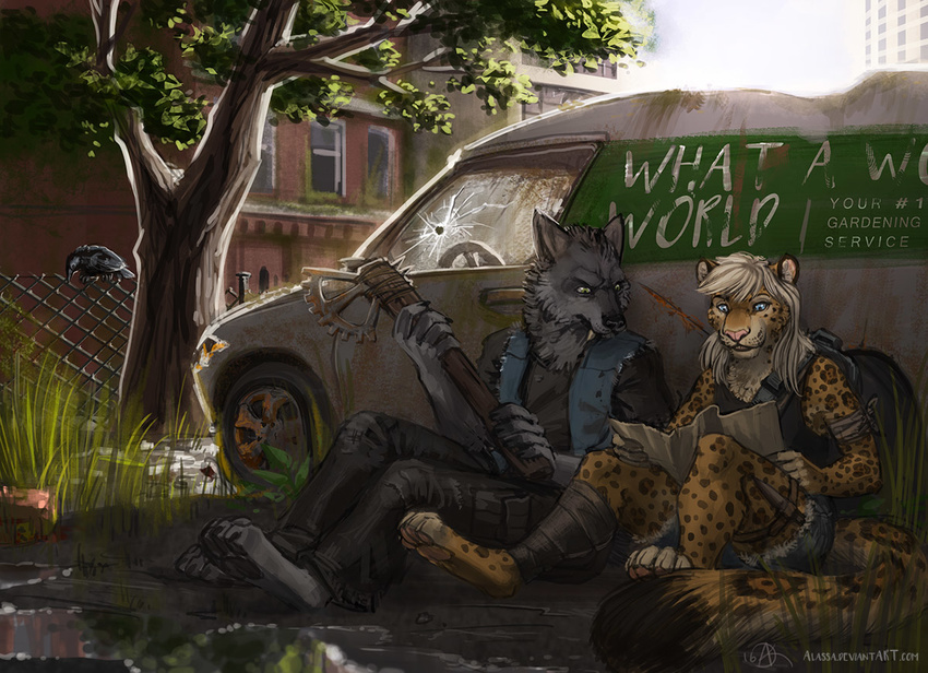 alassa anthro axe backlight bandage blue_eyes bullet_hole canine car clothed clothing day duo feline female fence hair improvised_weapon jaguar male mammal map melee_weapon outside post-apocalyptic sitting tree van vehicle weapon white_hair wolf