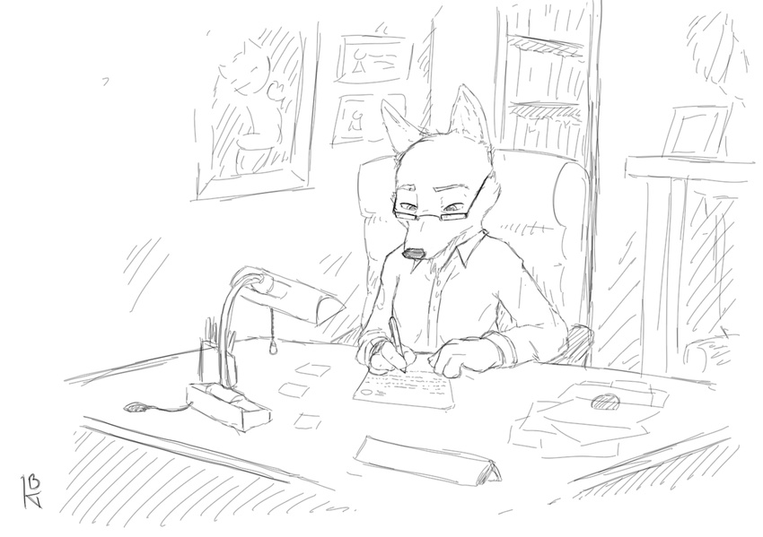 2017 anthro black_and_white canine clothed clothing desk eyewear fox glasses ittybittykittytittys lamp male mammal monochrome pen simple_background sitting solo white_background writing_(disambiguation)