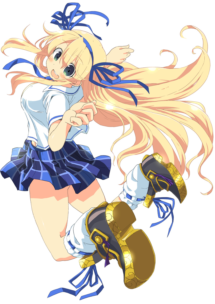 :d arms_up blonde_hair blue_neckwear blush breasts commentary_request green_eyes hair_ribbon highres jumping katsuragi_(senran_kagura) large_breasts long_hair looking_at_viewer moyamu necktie open_clothes open_mouth open_shirt ribbon senran_kagura senran_kagura_shoujo-tachi_no_shin'ei shirt shoes skirt smile solo