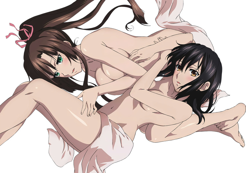 barefoot black_hair blush breasts brown_eyes brown_hair cleavage collarbone convenient_censoring extraction green_eyes hair_between_eyes hair_ribbon highres himeragi_yukina kirasaka_sayaka large_breasts long_hair looking_at_viewer lying medium_breasts multiple_girls navel nude on_side parted_lips pink_ribbon pink_towel ponytail ribbon shiny shiny_skin sideboob stomach strike_the_blood towel towel_around_waist transparent_background very_long_hair