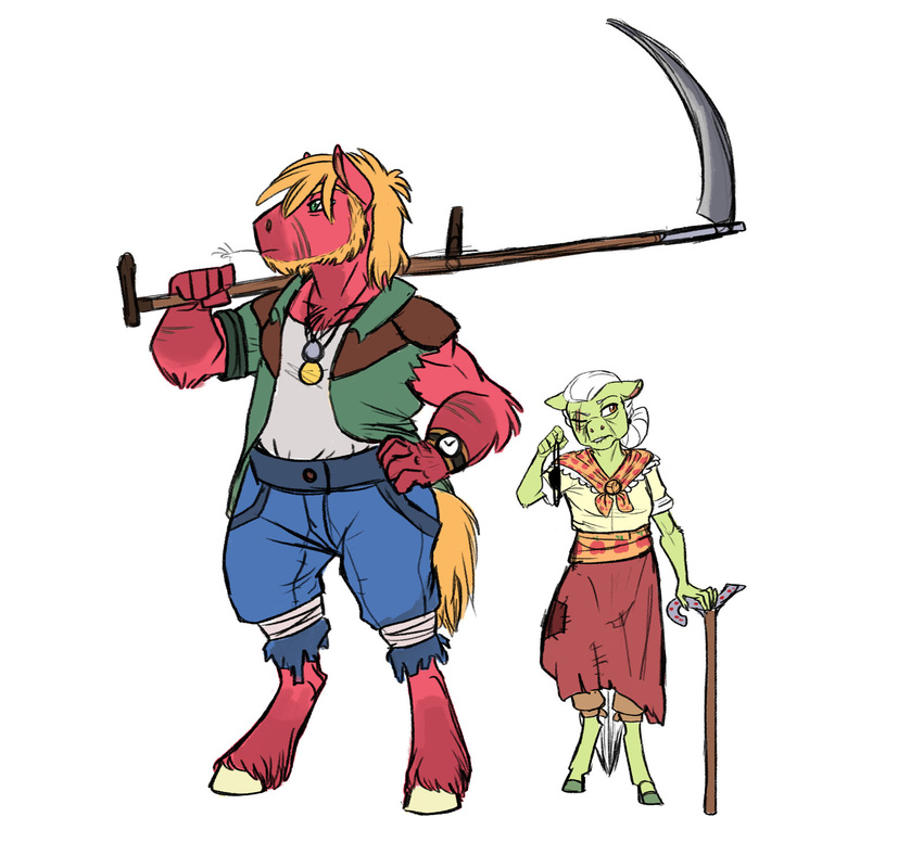 anthro big_macintosh_(mlp) clothed clothing duo earthsong9405 equine female friendship_is_magic fur granny_smith_(mlp) hair holding_object holding_weapon hooves male mammal melee_weapon my_little_pony orange_hair polearm red_fur scythe standing weapon white_hair