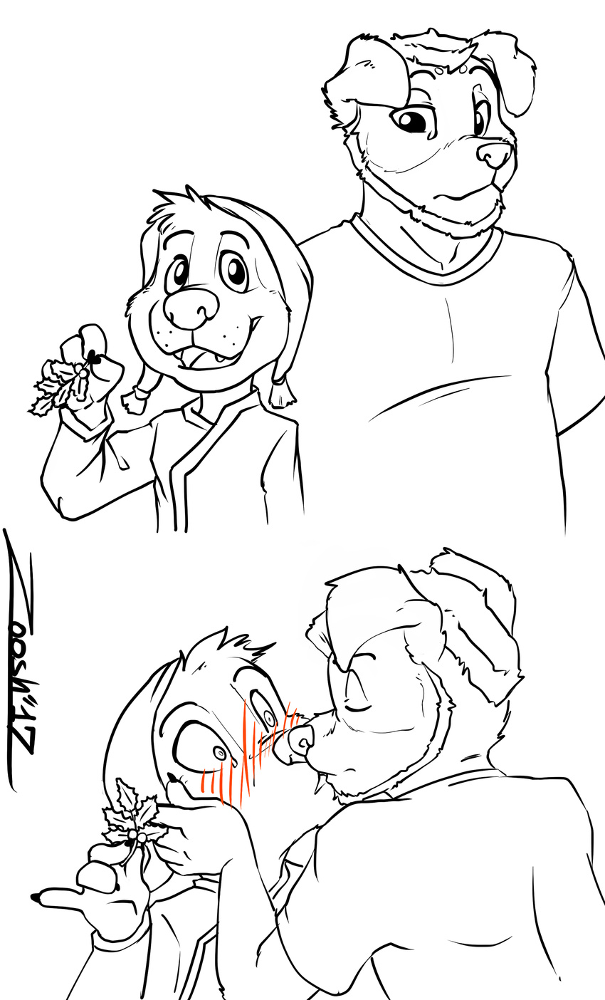 2017 4_fingers 5_fingers absurd_res anthro beard blush bodi buzz_cut canine christmas clothed clothing digital_drawing_(artwork) digital_media_(artwork) dog duo eyes_closed facial_hair floppy_ears fully_clothed happy hat hi_res holidays humanoid_hands kissing looking_at_viewer male male/male mammal mistletoe monochrome plant rock_dog shirt simple_background size_difference surprise tibetan_mastiff white_background wide_eyed