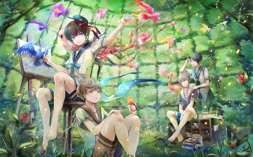 bird bird_on_hand black_hair book brown_hair commentary_request crossed_ankles easel flamingo full_body grass green_background hand_on_another's_shoulder hand_on_own_knee hat kneeling male_focus mini_hat multiple_boys original painting plant sailor_collar sitting stool yaguchi_minato