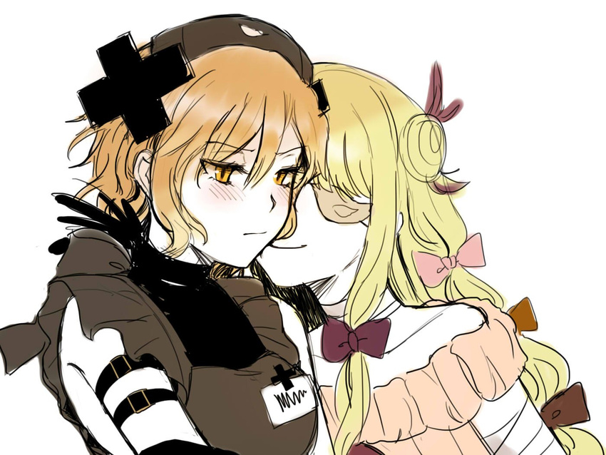 blonde_hair blush cheek_kiss cross eyepatch kiss kuya_(hey36253625) long_hair mahou_shoujo_ikusei_keikaku mahou_shoujo_ikusei_keikaku_restart multiple_girls pfle shadowgale short_hair smile yuri