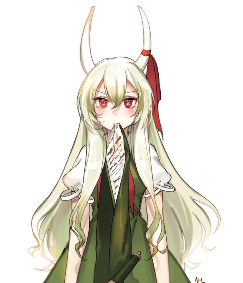 blush dress eating ex-keine green_dress green_hair highres horn_ribbon horns kamishirasawa_keine long_hair mouth_hold multicolored_hair neckerchief red_eyes red_neckwear red_ribbon ribbon scroll shan short_sleeves signature simple_background solo too_literal touhou two-tone_hair white_background