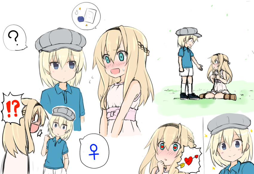 /\/\/\ 2girls ? alternate_costume androgynous arrow arrow_through_heart atsushi_(aaa-bbb) bare_shoulders bismarck_(kantai_collection) blonde_hair blue_eyes blush boots braid comic crying crying_with_eyes_open dress flying_sweatdrops french_braid grass hair_between_eyes hairband hand_in_pocket heart heart-shaped_pupils highres jewelry kantai_collection kneeling long_hair lovestruck marriage_certificate_(object) multiple_girls paper pointing pointing_at_self polo_shirt reverse_trap ribbon ring ring_box shoes short_hair short_sleeves shorts sitting smile sparkle spoken_question_mark surprised sweatdrop symbol symbol-shaped_pupils tears tomboy venus_symbol wariza warspite_(kantai_collection) wedding_ring white_legwear younger yuri