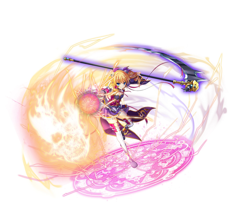 blonde_hair blue_eyes boots curly_hair detached_sleeves dress drill_hair electricity fighting_stance highres kantaka koihime_musou long_hair magic magic_circle official_art outstretched_arms scythe skull smile solo sousou standing standing_on_one_leg thighhighs twintails weapon white_legwear zettai_ryouiki