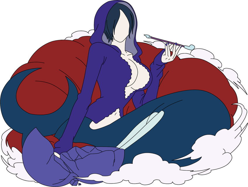 1girl black_hair cleavage crystal_ball faceless hood madame_shirley mermaid one_piece one_piece:_treasure_cruise red_upholstery short_hair sitting smoking_pipe solo