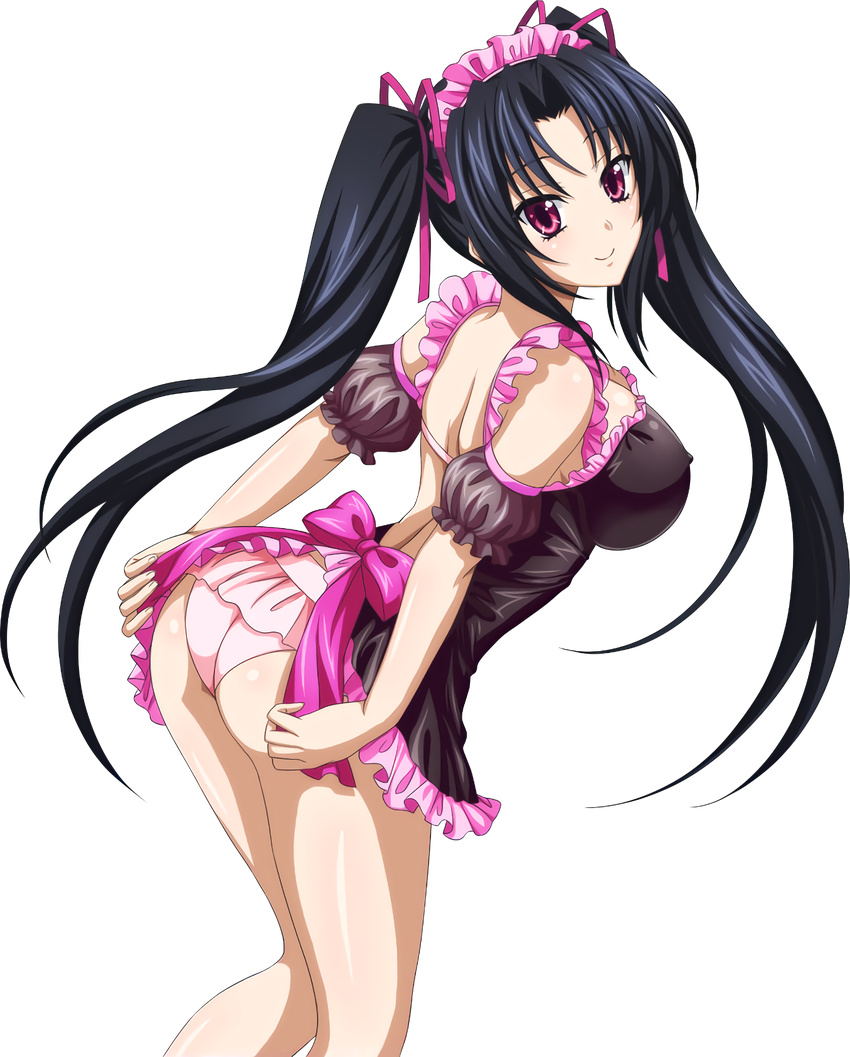ass backless_dress backless_outfit black_dress black_hair breasts covered_nipples dress floating_hair hair_ribbon hairband headdress high_school_dxd highres large_breasts leaning_forward long_hair looking_at_viewer looking_back panties pink_hairband pink_panties purple_ribbon red_eyes ribbon serafall_leviathan shiny shiny_skin smile solo transparent_background twintails underwear very_long_hair