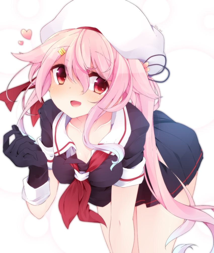 blue_hair blush breasts collarbone commentary_request fuuen_(akagaminanoka) gloves gradient_hair hair_ornament hairclip harusame_(kantai_collection) hat heart highres kantai_collection long_hair looking_at_viewer medium_breasts multicolored_hair pink_eyes pink_hair pleated_skirt school_uniform serafuku side_ponytail skirt smile solo white_background