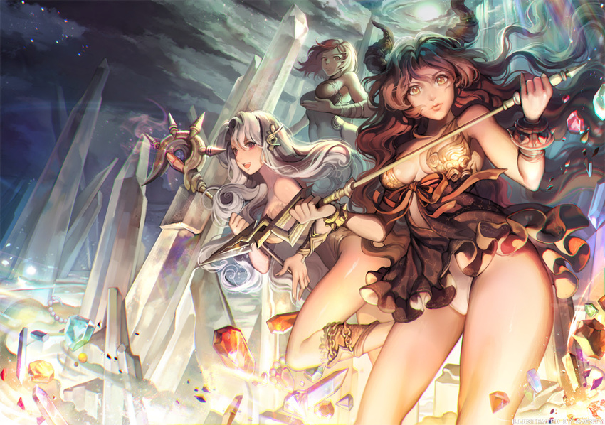 bare_shoulders black_hair breasts caesty cleavage commentary_request crystal dress fantasy gem horns lips long_hair looking_at_viewer multiple_girls nose original pinky_out polearm revision short_hair silver_hair spear staff strapless strapless_dress thighs weapon