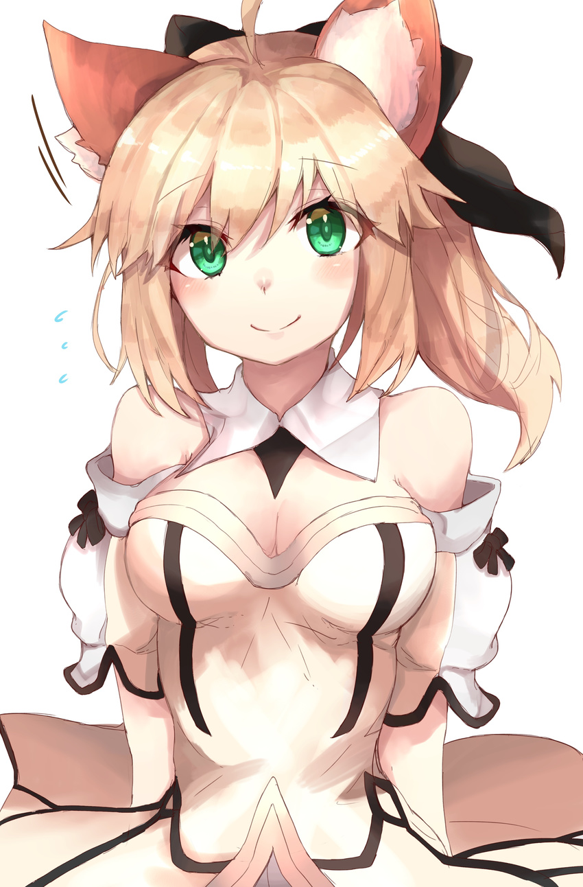 absurdres ahoge animal_ears arms_at_sides artoria_pendragon_(all) bangs black_bow blonde_hair blush bow breasts cleavage closed_mouth commentary_request detached_collar detached_sleeves dress eyebrows_visible_through_hair fate/unlimited_codes fate_(series) flying_sweatdrops fox_ears green_eyes hair_between_eyes hair_bow highres looking_at_viewer medium_breasts ponytail ranf saber_lily sidelocks simple_background smile solo upper_body white_background white_dress