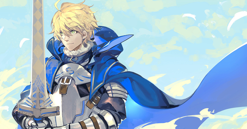 armor arthur_pendragon_(fate) blonde_hair cape excalibur_(fate/prototype) fate/prototype fate_(series) gauntlets green_eyes male_focus saberiii smile solo sword weapon