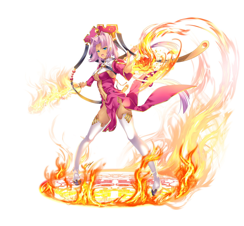 absurdres blue_eyes breasts center_opening cleavage dark_skin dress fighting_stance fire flower hat highres hikage_eiji koihime_musou magic magic_circle medium_breasts navel official_art open_mouth outstretched_arms pink_hair shoes short_hair solo sonken sword thighhighs thighs weapon white_legwear wind wind_lift zettai_ryouiki