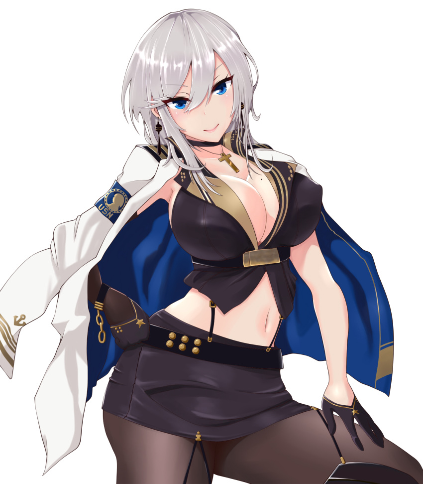 1girl azur_lane bangs belt black_choker black_gloves blue_eyes breasts choker cleavage closed_mouth contrapposto cowboy_shot cross cross_necklace earrings eyebrows_visible_through_hair gloves hair_between_eyes half_gloves highres jacket_over_shoulder jewelry large_breasts latin_cross looking_at_viewer midriff mole mole_under_eye navel necklace pantyhose short_hair silver_hair smile solo washington_(azur_lane) zubi_(skylinezb)