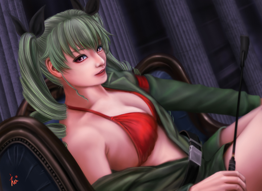 anchovy anzio_military_uniform armband armchair belt bikini_top breasts chair cleavage drill_hair dutch_angle ebi_(eeotoko) girls_und_panzer green_hair hair_ribbon highres light_smile lips long_hair looking_at_viewer medium_breasts military military_uniform nose off_shoulder parted_lips purple_eyes red_bikini_top ribbon riding_crop shorts sitting solo swimsuit swimsuit_under_clothes twin_drills uniform