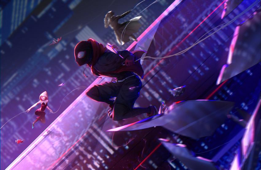 1girl 4boys absurdres adjusting_clothes adjusting_hat blurry bodysuit building city depth_of_field falling glass_shards hat highres hood hoodie jacket marvel mask midair multiple_boys night night_sky reflection shoes shorts silk sky sneakers spider-gwen spider-ham spider-man spider-man:_into_the_spider-verse spider-man_(miles_morales) spider-man_(series) spider-man_noir spider_web spider_web_print superhero swinging trench_coat yumuto_(spring1786)