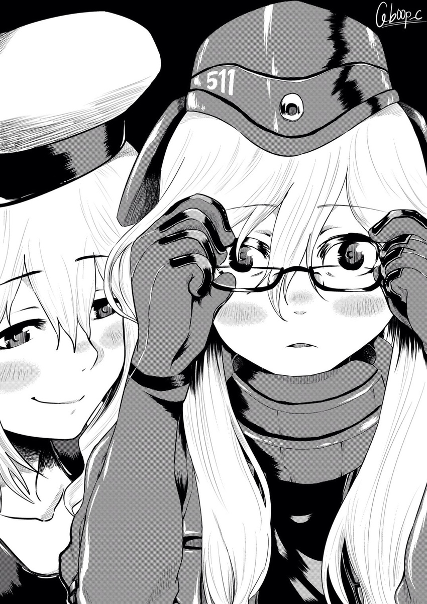 elbow_gloves glasses gloves greyscale hat highres hyakusei i-8_(kantai_collection) kantai_collection monochrome multiple_girls removing_eyewear semi-rimless_eyewear signature smile u-511_(kantai_collection) under-rim_eyewear