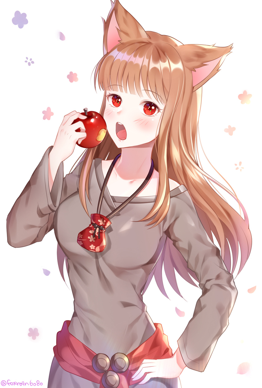 :o animal_ears apple artist_name bangs bite_mark blunt_bangs blush breasts brown_hair brown_shirt cat_ears eyebrows_visible_through_hair food fruit hand_on_hip highres holding holding_food holding_fruit holo jewelry long_hair long_sleeves looking_at_viewer medium_breasts necklace no_tail open_mouth pouch red_eyes round_teeth shirt simple_background solo spice_and_wolf teeth tongue twitter_username ubi_(ekdus6080) white_background wolf_ears wolf_girl
