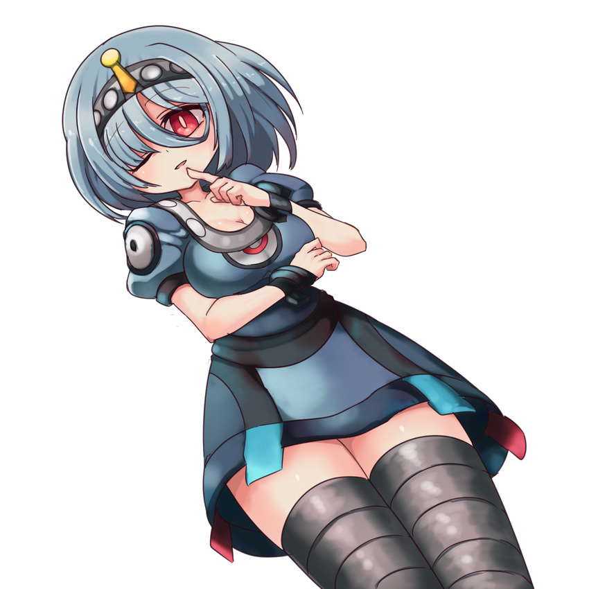 ;d bangs blush bob_cut borokuro breast_hold breasts bridal_gauntlets bright_pupils cleavage collarbone dress dutch_angle eyeball eyebrows_visible_through_hair finger_to_mouth gen_4_pokemon grey grey_hair grey_hairband grey_legwear hairband highres looking_at_viewer magnezone medium_breasts one_eye_closed open_mouth pokemon pokemon_(creature) pokemon_(game) pokemon_dppt puffy_short_sleeves puffy_sleeves red_eyes shiny shiny_skin short_dress short_hair short_sleeves simple_background smile solo standing tareme taut_clothes taut_dress thighhighs white_background wristband zettai_ryouiki
