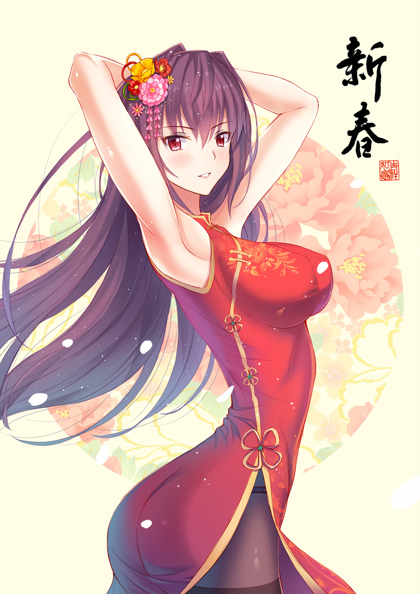 arms_behind_head ass black_legwear breasts china_dress chinese_clothes covered_nipples dress fate/grand_order fate_(series) flower hair_flower hair_ornament highres impossible_clothes impossible_dress large_breasts light_blush light_smile long_hair looking_at_viewer ltt_challenger panties panties_under_pantyhose pantyhose purple_hair red_eyes scathach_(fate)_(all) scathach_(fate/grand_order) side_slit solo thighband_pantyhose underwear