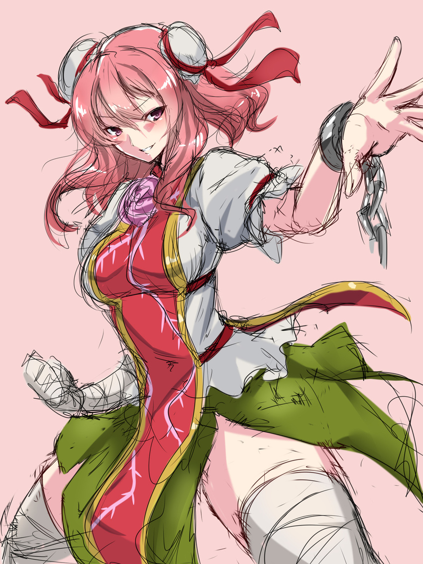 bandaged_arm bandaged_leg bandages bun_cover chain chinese_clothes clenched_hand cowboy_shot cuffs double_bun eyebrows_visible_through_hair fighting_stance flower grin hair_between_eyes hand_up highres ibaraki_kasen long_hair looking_at_viewer maron_(kagamikunn) pink_background pink_eyes pink_flower pink_hair pink_rose puffy_short_sleeves puffy_sleeves rose shackles shirt short_sleeves simple_background sketch skirt smile solo tabard thighhighs touhou zettai_ryouiki