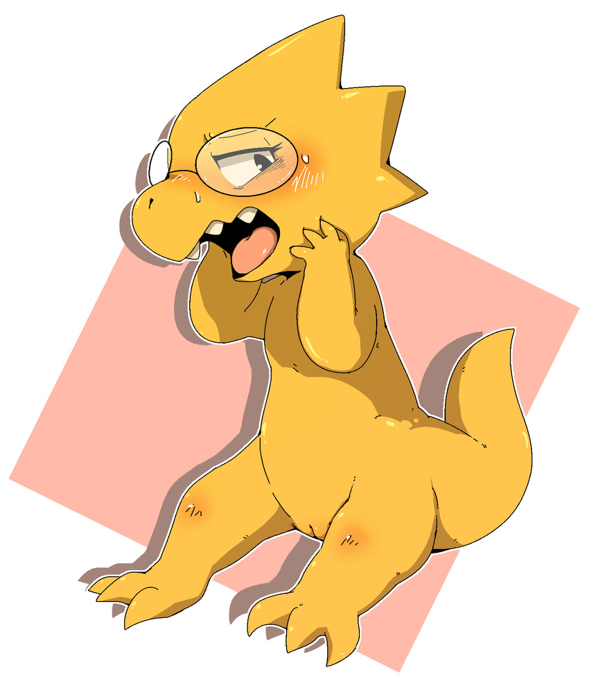 alphys blush dinosaur doneru eyewear female glasses monster nude open_mouth pussy sitting solo sweat teeth tongue undertale video_games