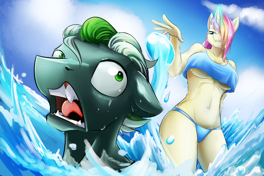 2017 anthro bat_pony bikini breasts cleavage clothed clothing d-lowell duo ebony_(oc) equine fan_character fangs female green_eyes horn lilly_(oc) male mammal my_little_pony swimsuit under_boob unicorn water
