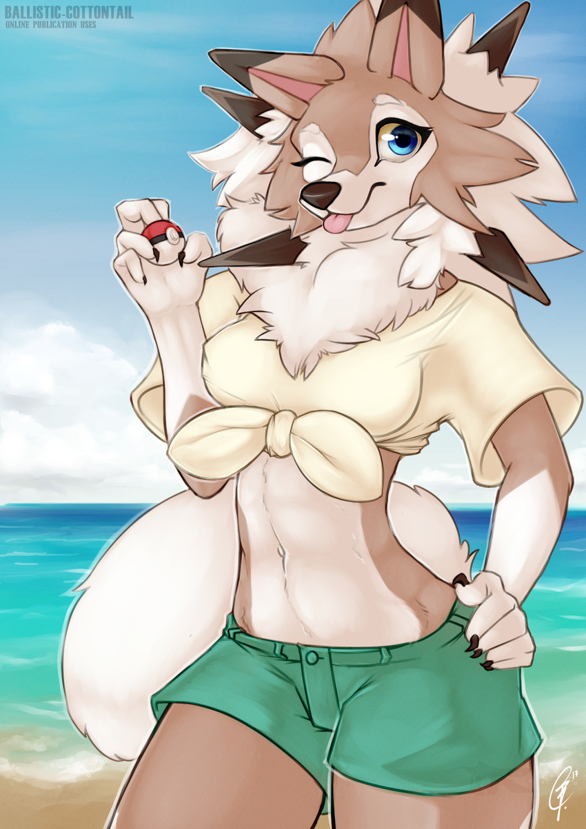 2017 anthro ballistic-cottontail beach blue_eyes breasts brown_fur brown_hair canine claws clothed clothing cloud day dipstick_ears english_text female fur hair hand_on_hip hi_res holding_object looking_at_viewer lycanroc mammal midday_lycanroc midriff navel neck_tuft nintendo one_eye_closed outside pok&eacute;ball pok&eacute;mon pok&eacute;morph portrait sand seaside shirt shorts signature sky solo text three-quarter_portrait tongue tongue_out tuft video_games wink