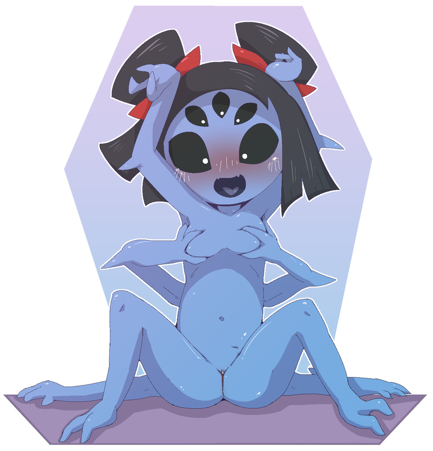 anthro arachnid arthropod black_hair blush bow breasts clitoris doneru female hair looking_at_viewer muffet nude open_mouth pussy sitting solo spider tongue undertale video_games
