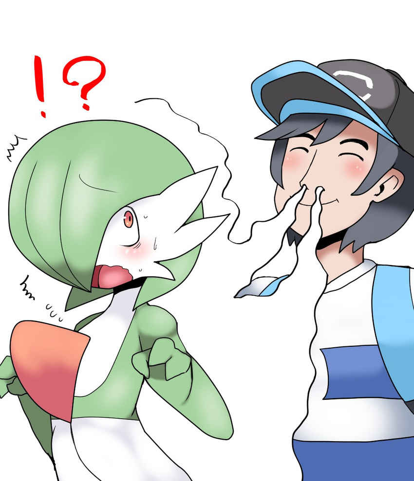 artist_request black_hair cap furry gardevoir male_protagonist_(pokemon_sm) pokemon red_eyes short_hair smell smelling