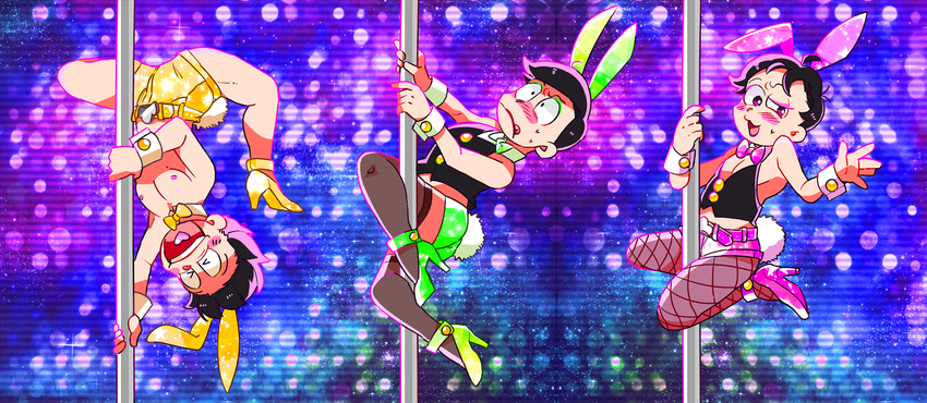 2boys 3boys animal_ears black_hair blush brothers looking_at_viewer male_focus multiple_boys naughty_face nipples osomatsu-kun osomatsu-san pole pole_dancing tongue