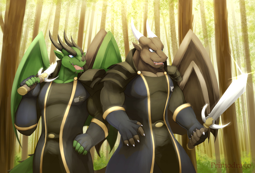 anthro canine clothed clothing duo forest horn male mammal melee_weapon muscular open_mouth primodrago standing sword tree weapon wings