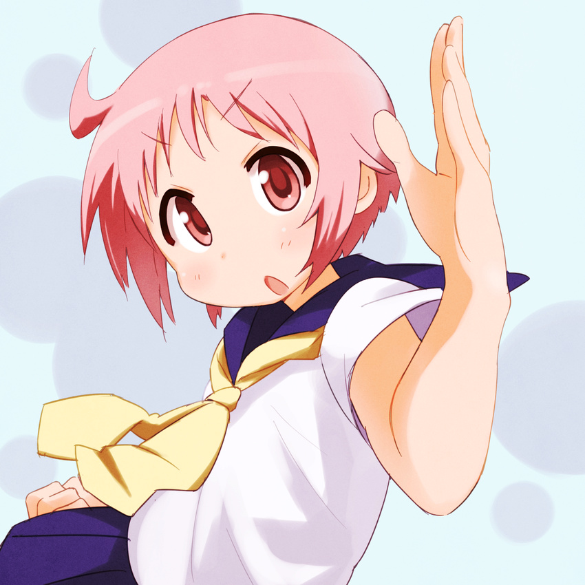 ahoge bad_id bad_pixiv_id blue_sailor_collar blue_skirt blush eyebrows_visible_through_hair looking_at_viewer necktie nonohara_yuzuko okayparium open_mouth pink_eyes pink_hair pleated_skirt sailor_collar school_uniform school_uniform_(yuyushiki) serafuku skirt solo yellow_neckwear yuyushiki