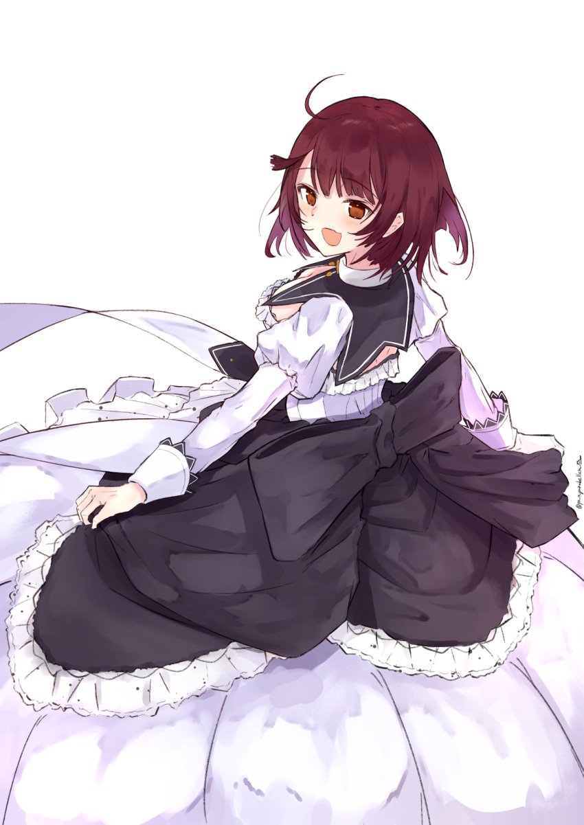 1girl :d ahoge atelier_(series) atelier_sophie back_bow black_bow bow breasts brown_eyes brown_hair cleavage cosplay dress highres juliet_sleeves large_bow long_sleeves looking_at_viewer medium_breasts open_mouth pamela_ibiss pamela_ibiss_(cosplay) puffy_sleeves qmmparabellum short_hair simple_background smile solo sophie_neuenmuller white_background white_dress