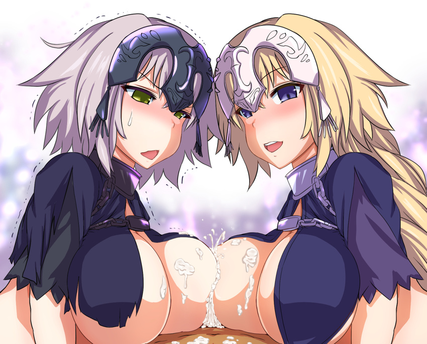 2girls blonde_hair blush braid breasts capelet chain collar cum cum_on_body cum_on_breasts cum_on_upper_body dual_persona fate/apocrypha fate/grand_order fate_(series) ffm_threesome group_sex headpiece isemagu jeanne_d'arc_(alter)_(fate) jeanne_d'arc_(fate) jeanne_d'arc_(fate)_(all) large_breasts long_hair looking_at_viewer looking_down multiple_girls multiple_paizuri nose_blush open_mouth paizuri penis purple_eyes short_hair silver_hair sweatdrop threesome wavy_mouth yellow_eyes