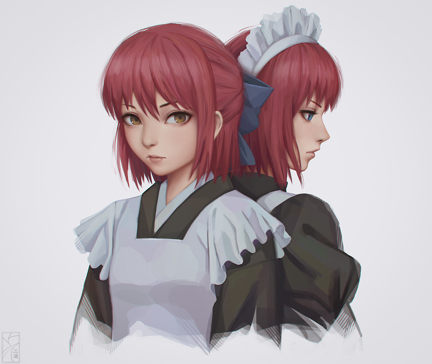 apron back-to-back blue_bow blue_eyes bow commentary cropped_torso expressionless eyelashes frills grey_background hair_between_eyes hair_bow highres hisui japanese_clothes kohaku lips looking_at_viewer maid maid_apron maid_headdress miura-n315 multiple_girls nose profile red_hair short_hair siblings simple_background sisters sketch tsukihime twins wa_maid yellow_eyes