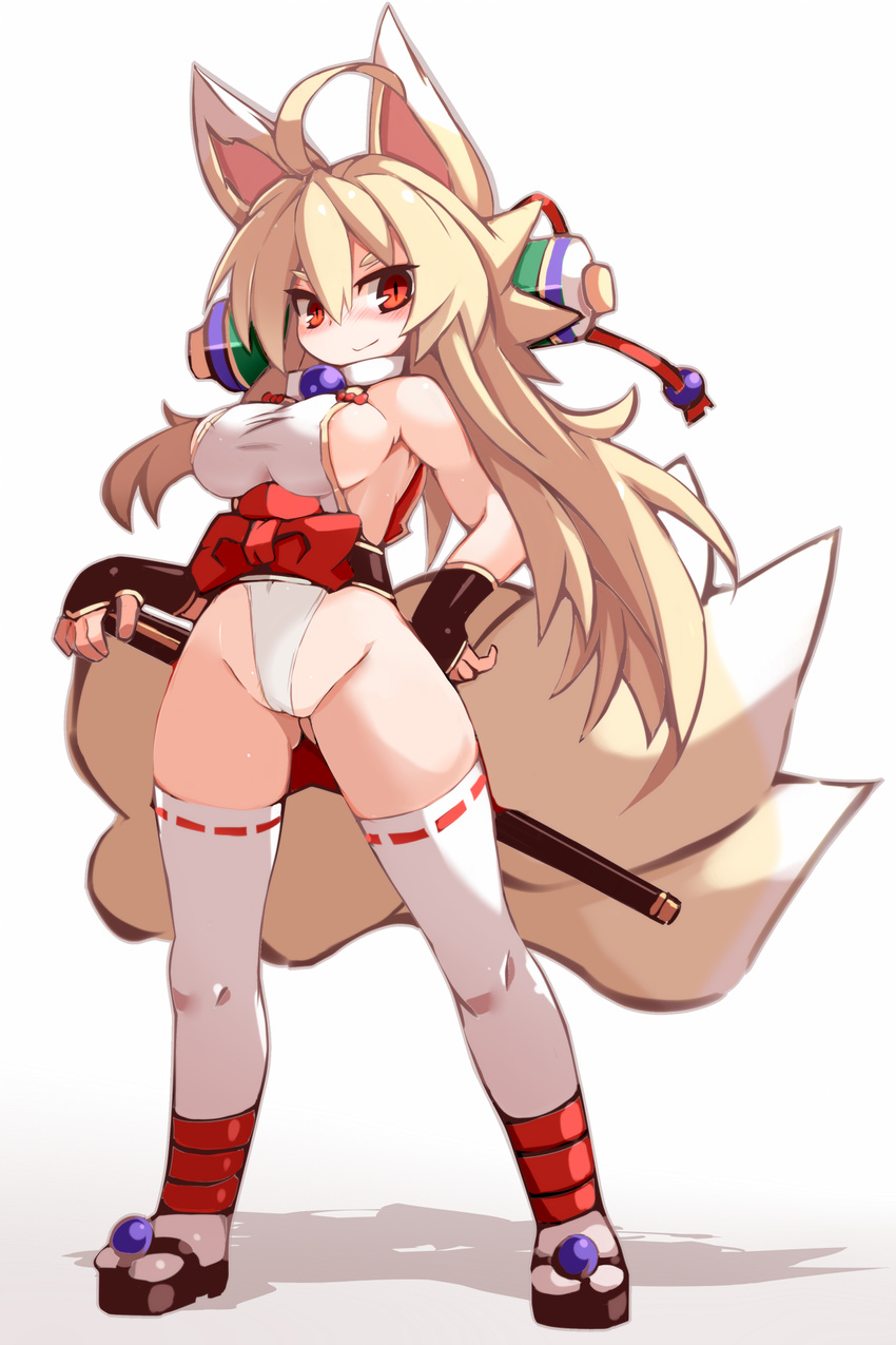 ahoge animal_ears ass_visible_through_thighs bare_shoulders blonde_hair blush breasts cameltoe fingerless_gloves fox_ears fox_tail full_body gloves gradient gradient_background hair_between_eyes hand_on_hip hand_on_sword highres izuna_(shinrabanshou) karukan_(monjya) large_breasts leotard long_hair multiple_tails no_panties red_eyes ribbon-trimmed_legwear ribbon_trim sandals shinrabanshou sideboob simple_background smile solo sword tabi tail thighhighs turtleneck weapon white_legwear white_leotard