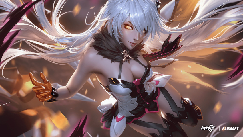 1girl ahoge armor armored_dress artist_name bangs bare_shoulders blurry blurry_background breasts cleavage dark_persona diamond-shaped_pupils dress elbow_gloves energy_wings eyebrows_visible_through_hair floating floating_hair fur-trimmed_dress gloves glowing glowing_eyes hair_between_eyes hair_ornament hands_up herrscher_of_the_void highres honkai_(series) honkai_impact_3 jewelry kiana_kaslana large_breasts light_particles logo long_hair looking_at_viewer medium_breasts official_art raikoart red_lips sidelocks signature silver_hair single_elbow_glove smile solo symbol-shaped_pupils thighhighs very_long_hair yellow_eyes