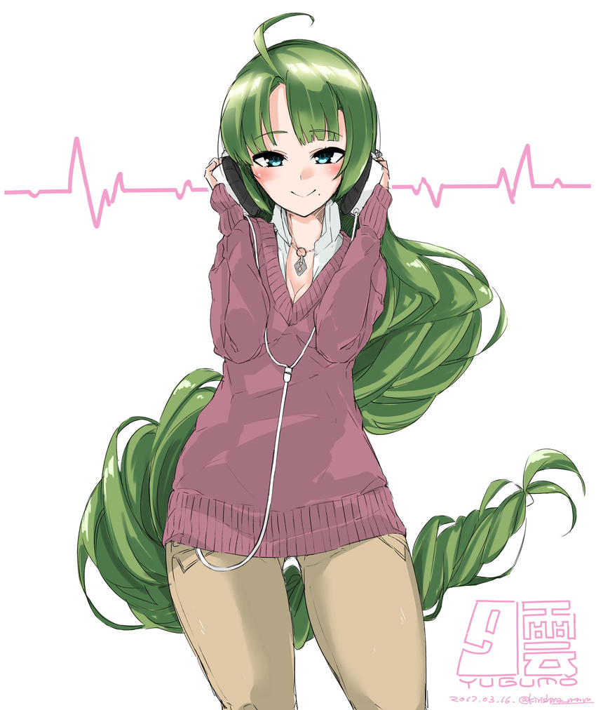 :&gt; absurdres ahoge alternate_costume blue_eyes blush braid breasts cable cleavage closed_mouth collared_shirt commentary_request cowboy_shot dated eyebrows_visible_through_hair green_hair hands_on_headphones headphones highres jewelry kantai_collection kirishina_(raindrop-050928) long_hair long_sleeves looking_at_viewer mole mole_under_mouth necklace pants shirt single_braid small_breasts smile solo sweater twitter_username very_long_hair white_background yuugumo_(kantai_collection)