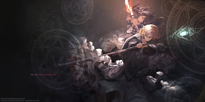 1girl aiming_at_viewer archery artist_name belt blonde_hair blue_eyes bow_(weapon) brown_hair cape cloak commentary dark_background deviantart_username dishwasher1910 dutch_angle fire floating_hair foreshortening frilled_skirt frills head_tilt hexagram holding holding_staff long_sleeves looking_at_viewer mage magic magic_circle original patreon_username purple_eyes robe serious skirt staff weapon wide_sleeves