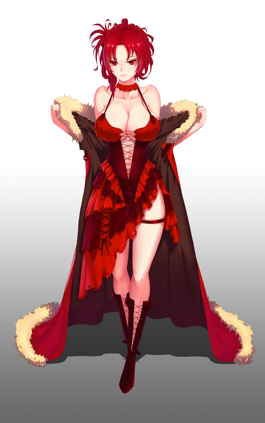 absurdres bad_revision bangs bare_shoulders benghuai_xueyuan boots breasts cape cleavage closed_mouth collarbone cross-laced_clothes cross-laced_footwear downscaled_revision dress eyebrows_visible_through_hair fur_cape gradient gradient_background hands_up highres honkai_impact knee_boots lace-up_boots large_breasts looking_at_viewer md5_mismatch midriff murata_himeko navel parted_bangs pink_lips red_dress red_eyes red_footwear red_hair short_hair skindentation sleeveless sleeveless_dress smile solo standing thigh_strap underboob ys_yu