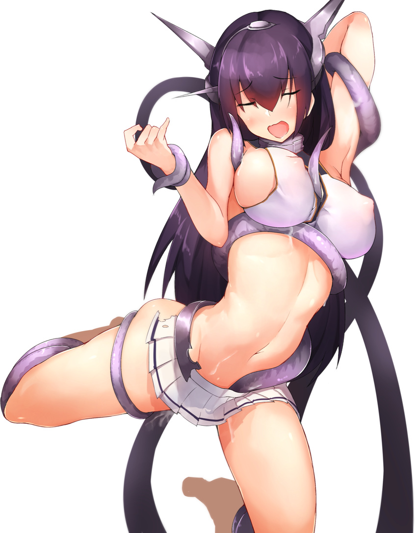 absurdres armpits bad_id bad_nicoseiga_id black_hair boruhis breasts closed_eyes covered_nipples crop_top hair_between_eyes hairband headgear highres kantai_collection large_breasts long_hair miniskirt nagato_(kantai_collection) navel open_mouth pleated_skirt saliva sideboob skirt sleeveless solo spread_legs stomach suggestive_fluid tentacle_hair tentacle_sex tentacles thighs