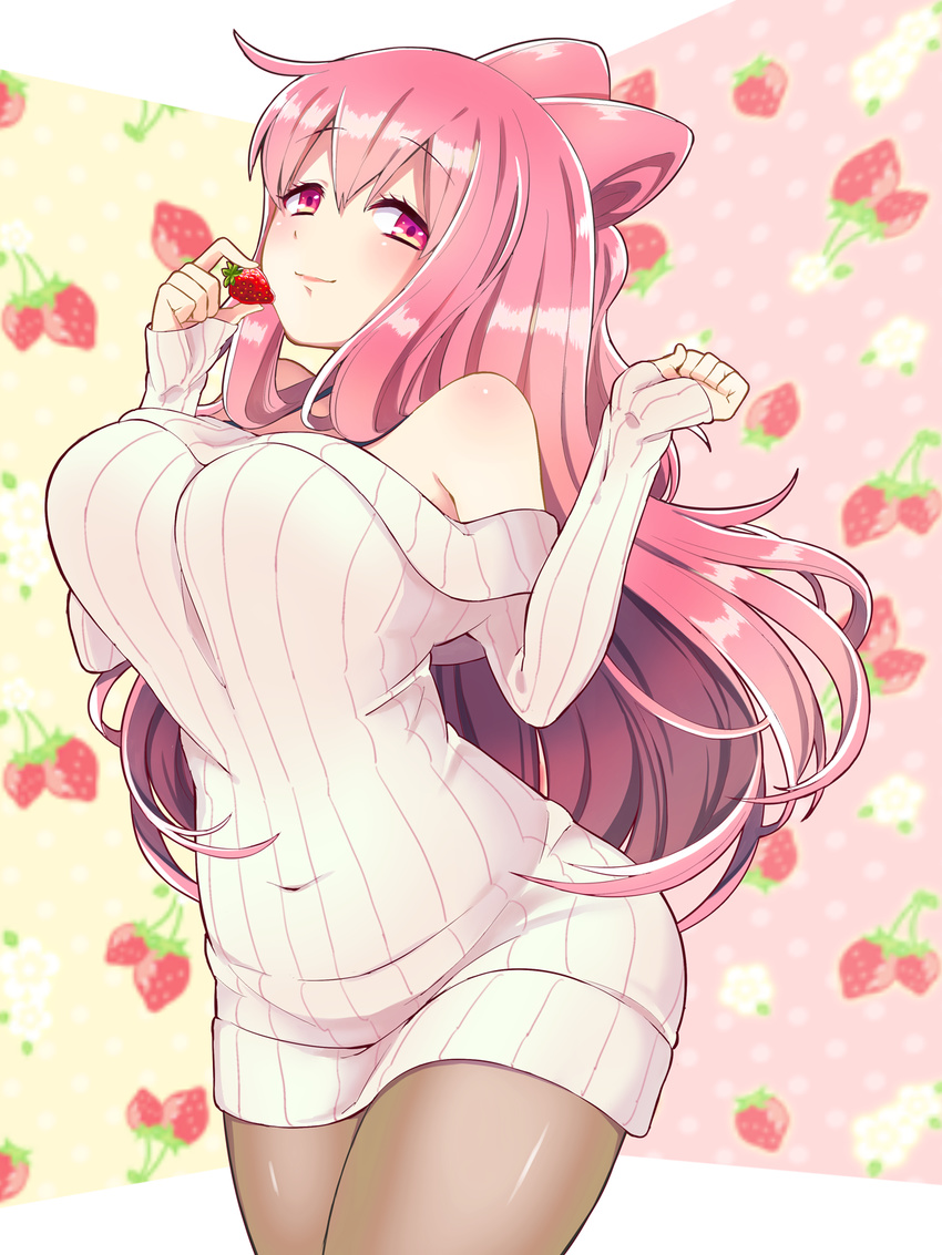 bare_shoulders breasts covered_navel food fruit hacka_doll hacka_doll_2 highres kagehino_akari large_breasts light_smile long_hair looking_at_viewer off-shoulder_sweater pantyhose pink_eyes pink_hair solo strawberry strawberry_background sweater