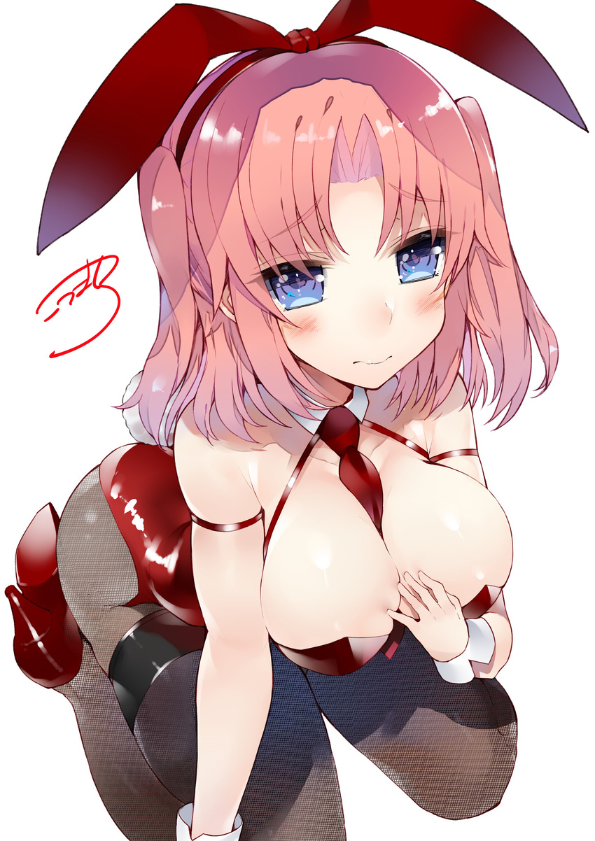 3: absurdres animal_ears arched_back artist_name bad_hands bangs between_breasts black_legwear blue_eyes blush breasts bunny_ears bunnysuit closed_mouth detached_collar eyebrows_visible_through_hair fishnet_pantyhose fishnets hair_ribbon high_heels highres kneeling kou_mashiro large_breasts leotard looking_at_viewer mikakunin_de_shinkoukei necktie necktie_between_breasts pantyhose parted_bangs pink_hair red_leotard red_neckwear red_ribbon ribbon signature simple_background solo two_side_up white_background yonomori_kobeni