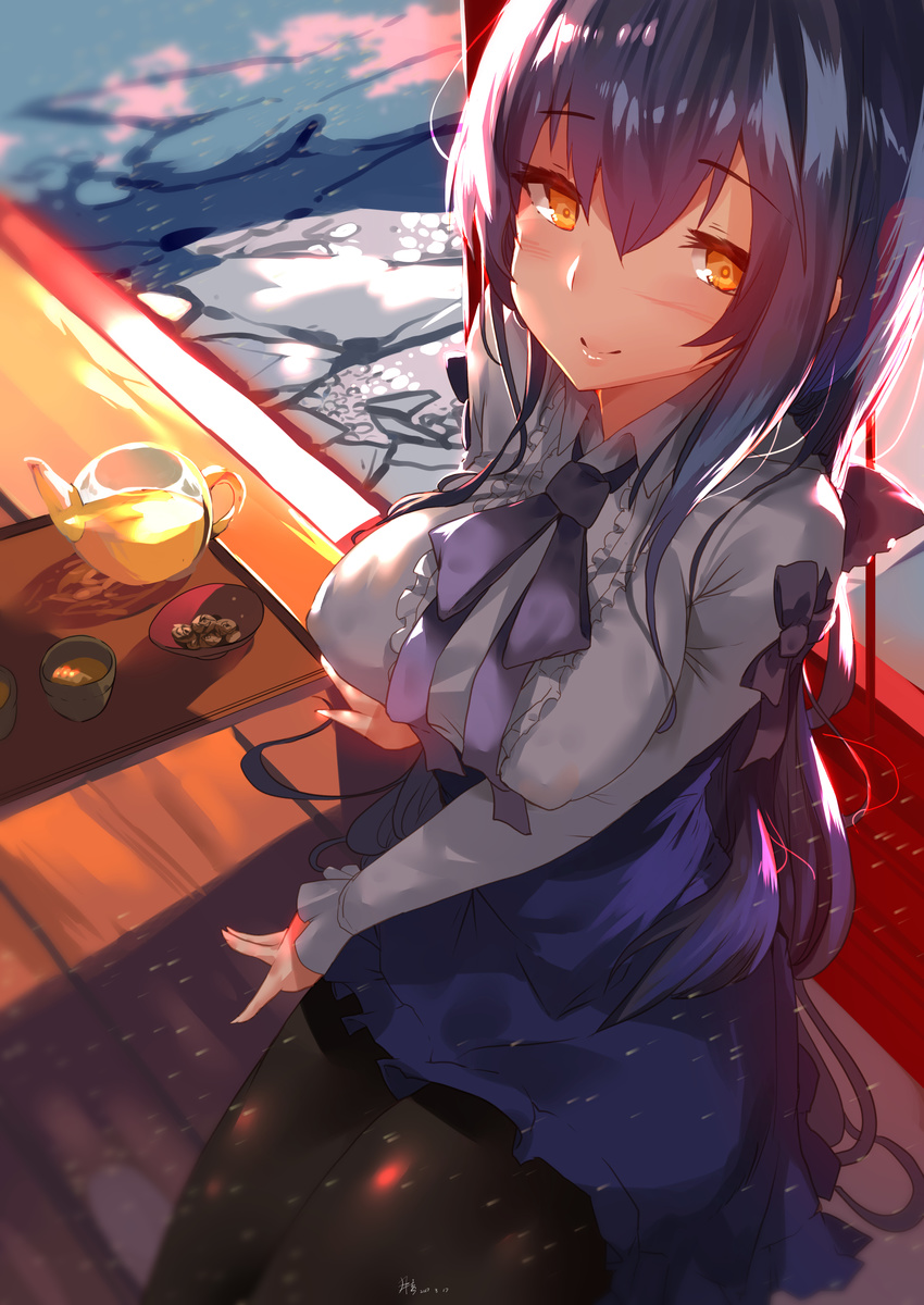 absurdres bad_revision blouse blue_hair blush breasts downscaled_revision dress eyebrows_visible_through_hair food frills girls_frontline hair_between_eyes highres large_breasts long_hair looking_at_viewer md5_mismatch meme_attire pantyhose pov ribbon smile solo tar-21_(girls_frontline) tea virgin_killer_outfit white_blouse yellow_eyes yueqin_(monnpiano)