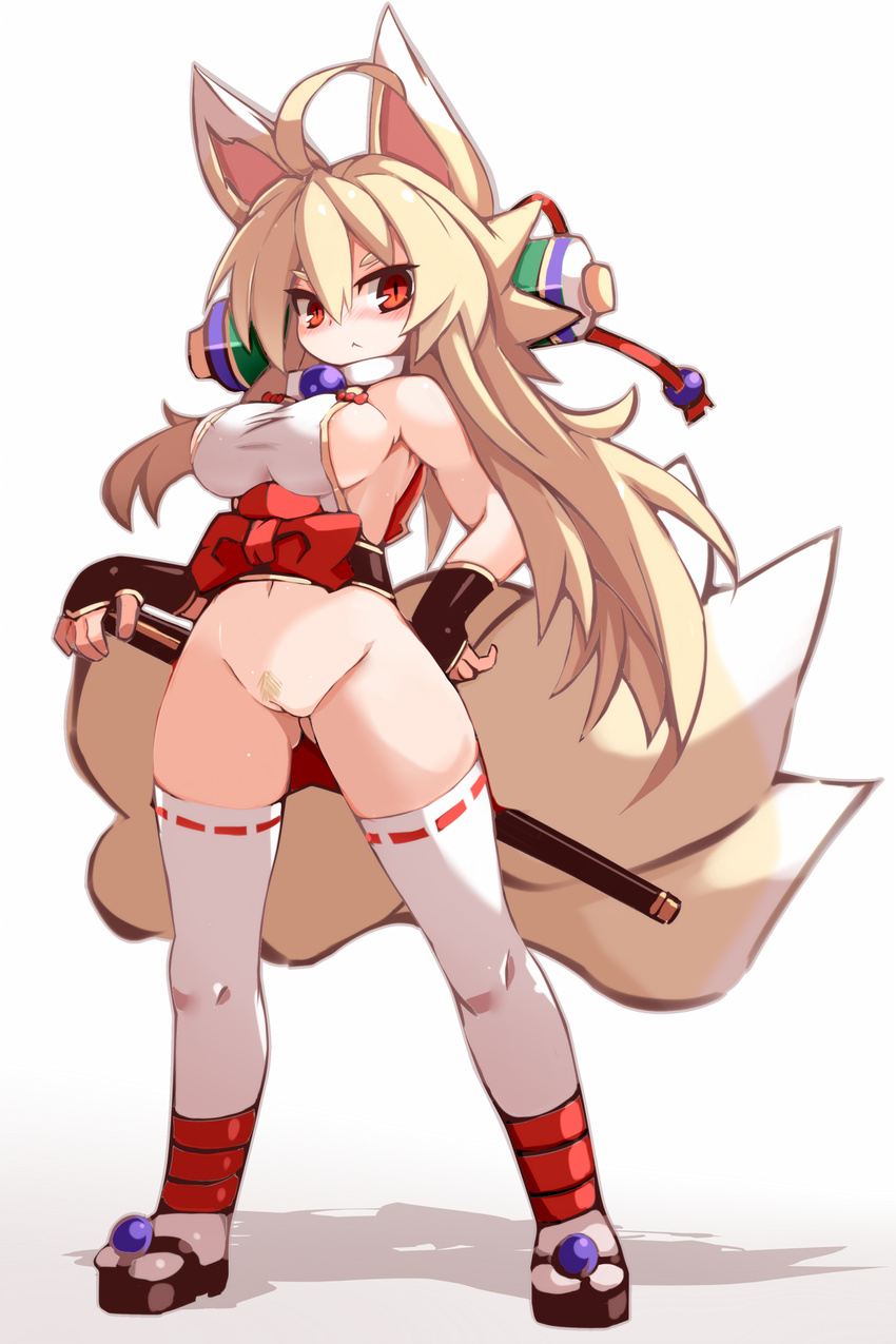 ahoge animal_ears ass_visible_through_thighs bare_shoulders blonde_hair blush breasts fingerless_gloves fox_ears fox_tail full_body gloves gradient gradient_background hair_between_eyes hand_on_hip hand_on_sword highres izuna_(shinrabanshou) karukan_(monjya) large_breasts long_hair multiple_tails no_panties pubic_hair pussy red_eyes ribbon-trimmed_legwear ribbon_trim sandals shinrabanshou sideboob simple_background smile solo sword tabi tail thighhighs turtleneck uncensored weapon white_legwear