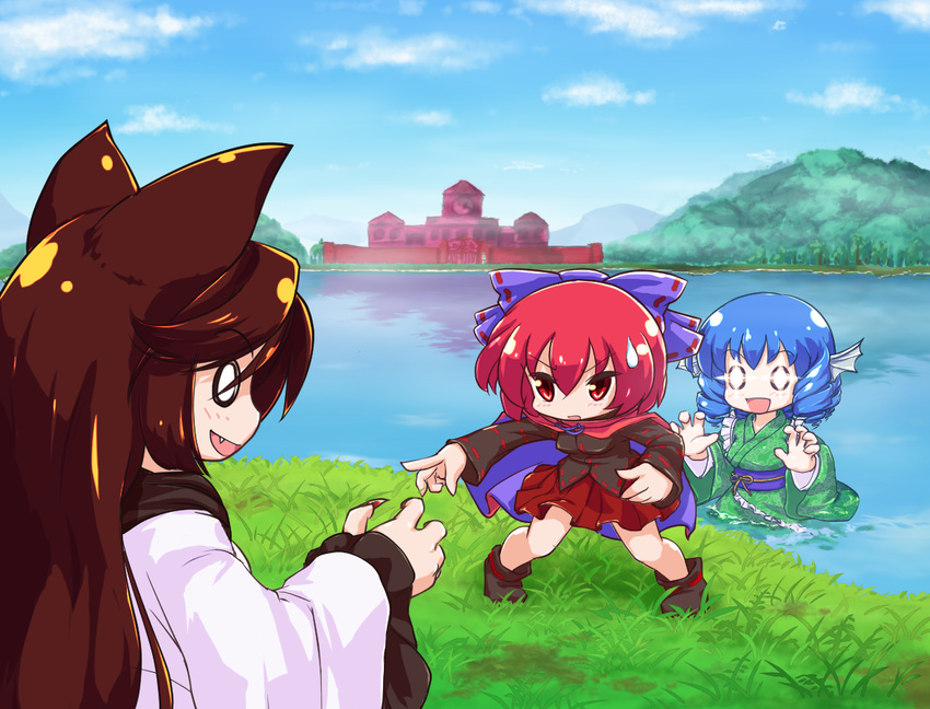 animal_ears black_blouse black_footwear blouse blue_bow blue_hair blue_sky bow brown_hair commentary_request day drill_hair fang grass grass_root_youkai_network green_kimono hair_bow head_fins hong_meiling imaizumi_kagerou isu_(is88) japanese_clothes kimono leaning_forward long_hair long_sleeves mermaid miniskirt monster_girl multiple_girls nature obi outdoors partially_submerged pleated_skirt red_eyes red_hair red_skirt sash scarlet_devil_mansion sekibanki shoes short_hair skirt sky smile solid_circle_eyes sweatdrop touhou wakasagihime water werewolf white_blouse wide_sleeves wolf_ears