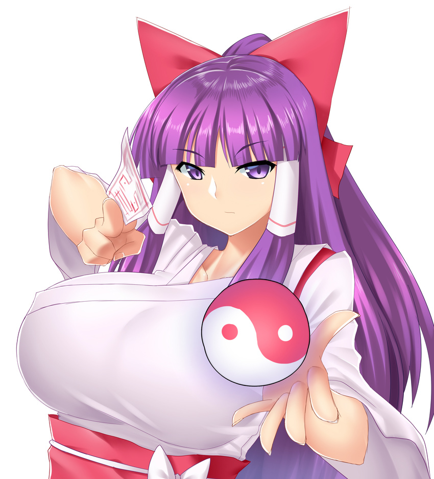 absurdres bangs blunt_bangs bow breasts commentary_request hair_bow hair_tubes hakama hakurei_reimu hakurei_reimu_(pc-98) highres huge_breasts japanese_clothes long_hair long_sleeves miko mokkori9 ofuda ponytail purple_eyes purple_hair red_hakama sidelocks solo touhou touhou_(pc-98) very_long_hair wide_sleeves yin_yang